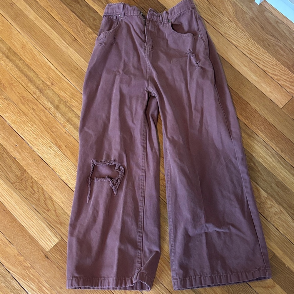 Joyfolie Mauve Distressed Wide-Leg Pants